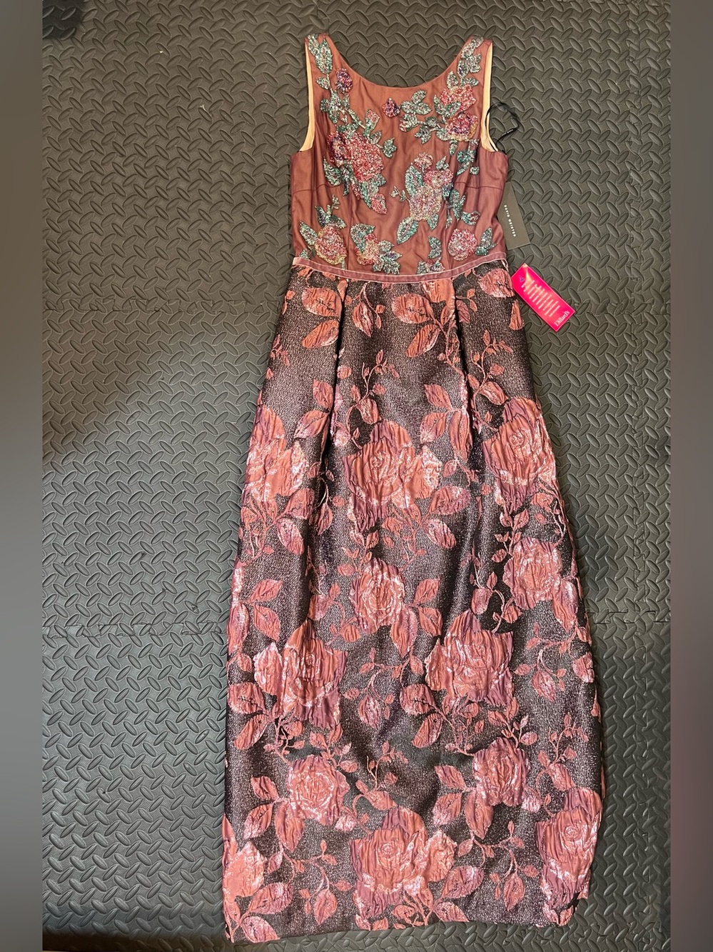 David Meister Rose-Mauve Floral Embroidered Maxi Dress